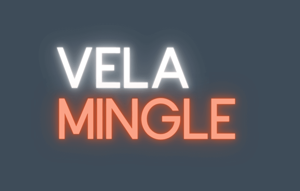 Vela Mingle event poster with white and orange neon font