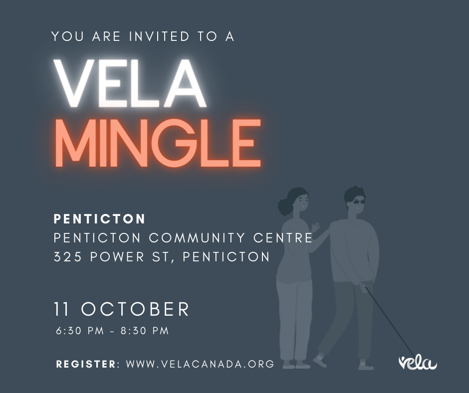Event poster with grey background and neon white and orange lettering that reads Vela Mingle.