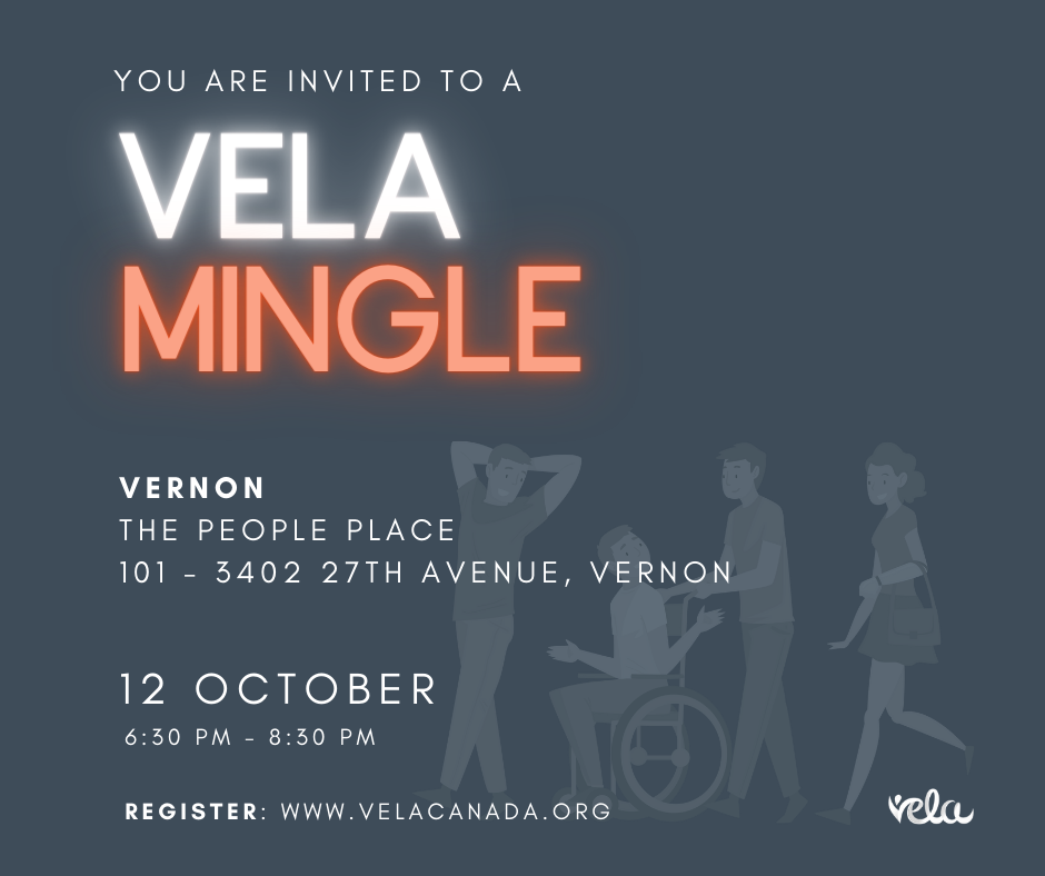 dark grey image advertising event. Event title, Vela Mingle, is done in a neon white and orange font